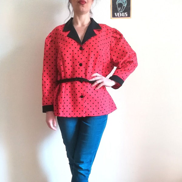 C&A POLKA DOTS JACKe Vintage 80 Frauen Rote Jacke Polka Dots Jacke Puffy Sleeve Turn Up Cuff Jacket gr. 48