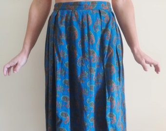 BELL MIDI SKIRT Vintage 70 Woman Circle Skirt Cornflower Blue Wool Cotton Paisley Pattern sz. 42