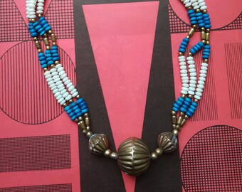 BRONZE BEADS NECKLACE Vintage 70 Choker Bronze Metal Light Blue White Beads Multi-Strand Choker Boho Necklace