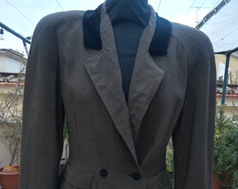 DOUBLE-BREASTED JACKET Vintage 80 'Armorica' Woman Long Blazer Brown Wool Viscose Velvet Peak Lapel Made in Italy sz. 42