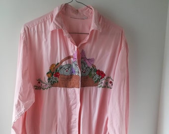 TEDDY BEAR SHIRT Vintage 80 Woman Emboidered Country Blouse Baby Pink Cotton Shirt Long Sleeve Blouse sz. M