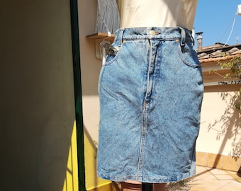 ROCCOBAROCCO JEANS SKIRT Vintage 90 Denim Mini-Skirt Mid Blue Wash Jeans Skirt Gold Embroidery Mini Skirt Made in Italy sz. IT42/44