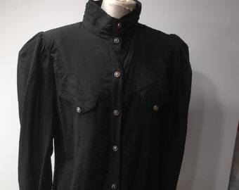 WESTERN PUFF Sleeve BLOUSE Vintage 80 'Mac Lavane' Woman Shirt Black Western Viscose Blouse Stand-Up Collar Golden Buttons sz. IT46