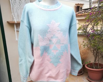 PASTEL WOOL SWEATER Vintage 90 Sweater Pullover Geometrical Pattern Jumper Powder Pink Powder Blue Wool Sweater Sweater sz. L