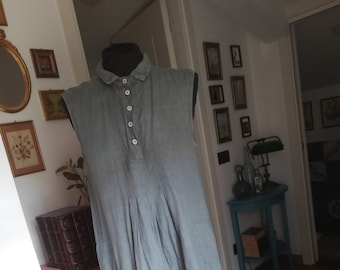 LINEN MAXI DRESS Y2K Grey Linen Tunic Dress Turn Down Collar Maxi Dress Linen Long Dress sz. M