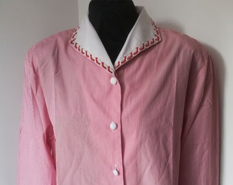 NOIDIASOLO STRIPED BLOUSE Vintage 80 Woman Button-Up Shirt Pinstripes Shirt Embroidered Blouse Collar sz. 46