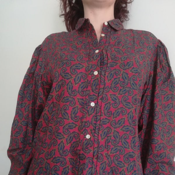 CACHAREL Paris PAISLEY SHIRT Vintage 70 Button-Up Boteh Shirt Floral Pattern Red Cotton Blouse sz. 42