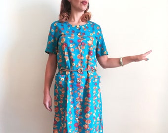 FLORAL MIDI DRESS Vintage 70 Woman Button-Up Dress Turquoise Cotton Dress Short Sleeve sz. S