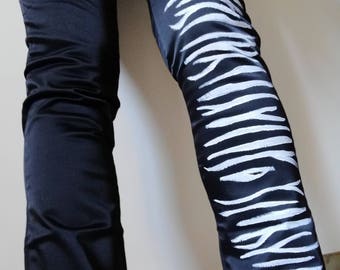 ZEBRA DESIGN PANTS Woman Trousers Slim Fit Pants Straight Leg Glossy Black Stretchy Pants Hand Painted sz. 42