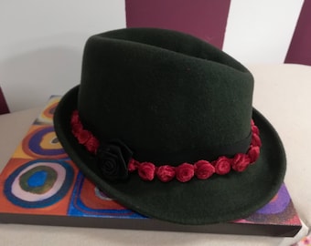 FAUSTMANN Germany FEDORA HAT Vintage 70 Unisex Homburg Hat Dark Moss Green Wool Hat Traditional Germany Hat Roses Trilby Huntig Hat sz. 56