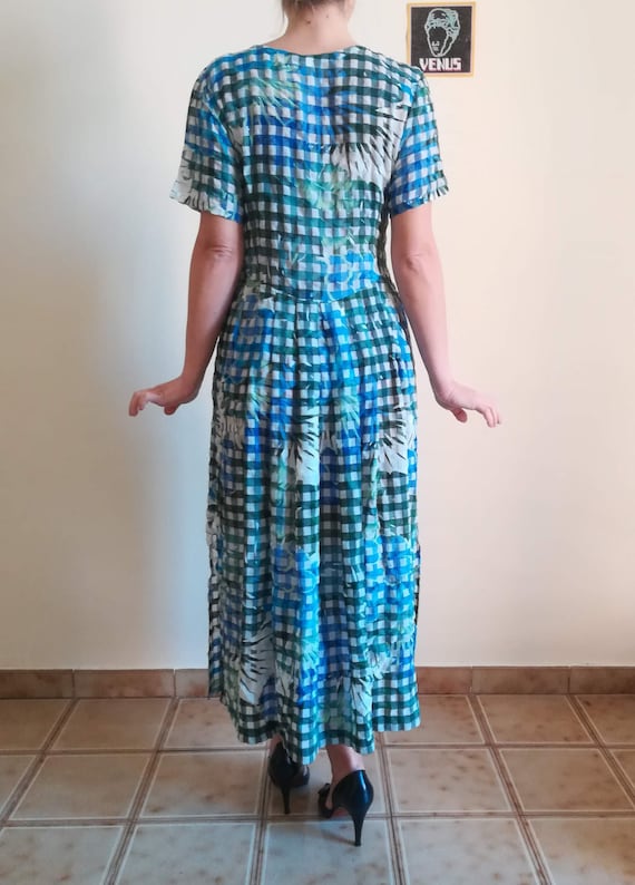 Vintage 70s Vichy Check Maxi Dress: Blue Green Floral Crpe, EU38 - Etsy UK