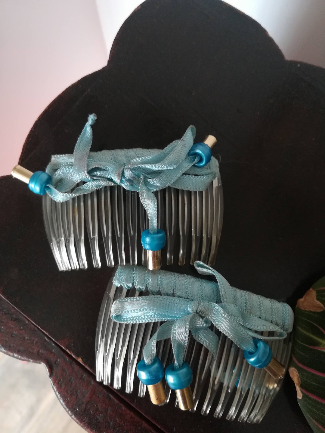 PAIR of HAIR COMBS Clip Vintage 80 Hair Comb Light Blue/red Pearls ...
