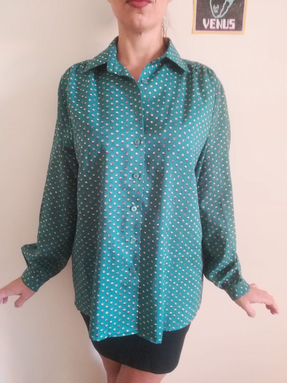 Vintage 70s Polka Dot Button-Up Shirt: Fern Green Blouse, Size 42