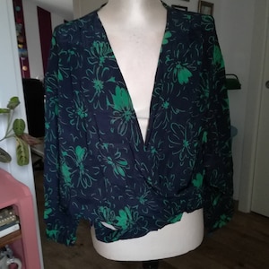 Vintage 70s Silk Wrap Blouse: Blue Green Floral Top, One Size