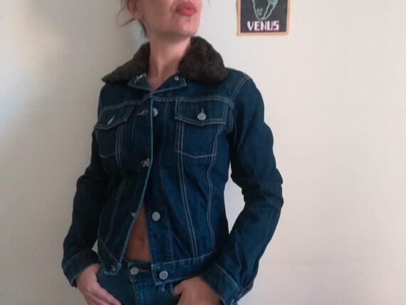dark blue denim jacket with fur