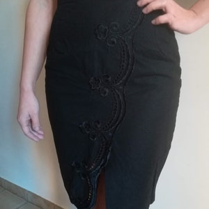 LINO Algodón TULIP SKIRT Vintage 80 Mujer Minifalda Negro Falda de Lino Bordado Mini Falda sz. 42