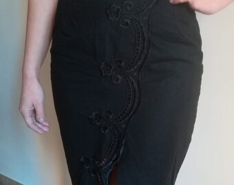 LINEN Cotton TULIP SKIRT Vintage 80 Woman Mini-Skirt Black Linen Skirt Embroidered Mini Skirt sz. 42