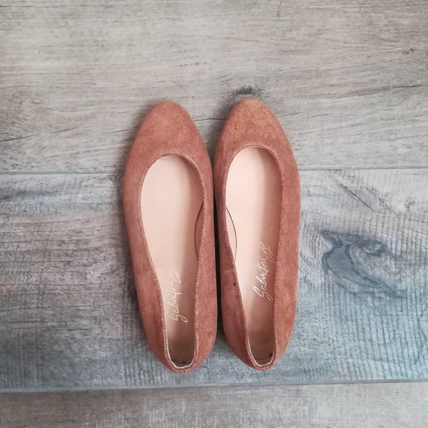 TOBACCO SUEDE Ballerina FLATS Vintage 80 Salvatore K Made in Italy Tobacco Brown Real Leather Flats Heel Shoes sz. 36