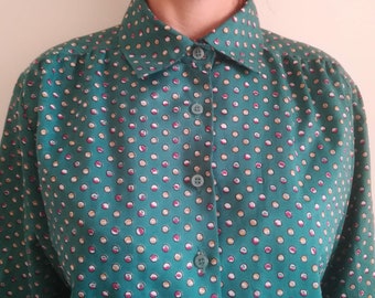 EXCLUSIVE FASHION SHIRT Vintage 70 Woman Button-Up Shirt Polka Dot Fern Green Blouse sz. 42