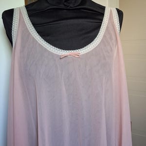 HELION LINGERIE NIGHTGOWN Vintage 60 Nylon Pale Pink Transparent Negligee Lace Trim Wide Straps Sexy Slip Nightwear sz. 6