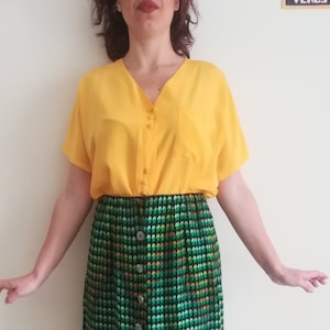 DOLMAN SILK SHIRT Vintage 80 Woman Button-Up Shirt Dolman Sleeve Blouse Yellow Silk Shirt sz. L