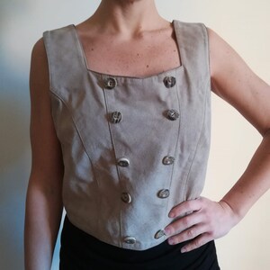 APART Country LEATHER VEST Vintage 80 Woman Tyrolean Vest Beige Suede Gilet Leather Crop Top sz. GB12
