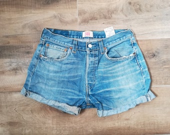 Cut Off LEVI'S 501 DENIM SHORTS Vintage 90 Reworked Jeans Shorts Mid Blue Wash Denim Shorts W32