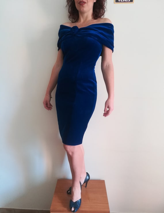 Vintage 80s Velvet Cocktail Dress: JINTY'S Dark Blue Off-Shoulder Mini Dress USA 8