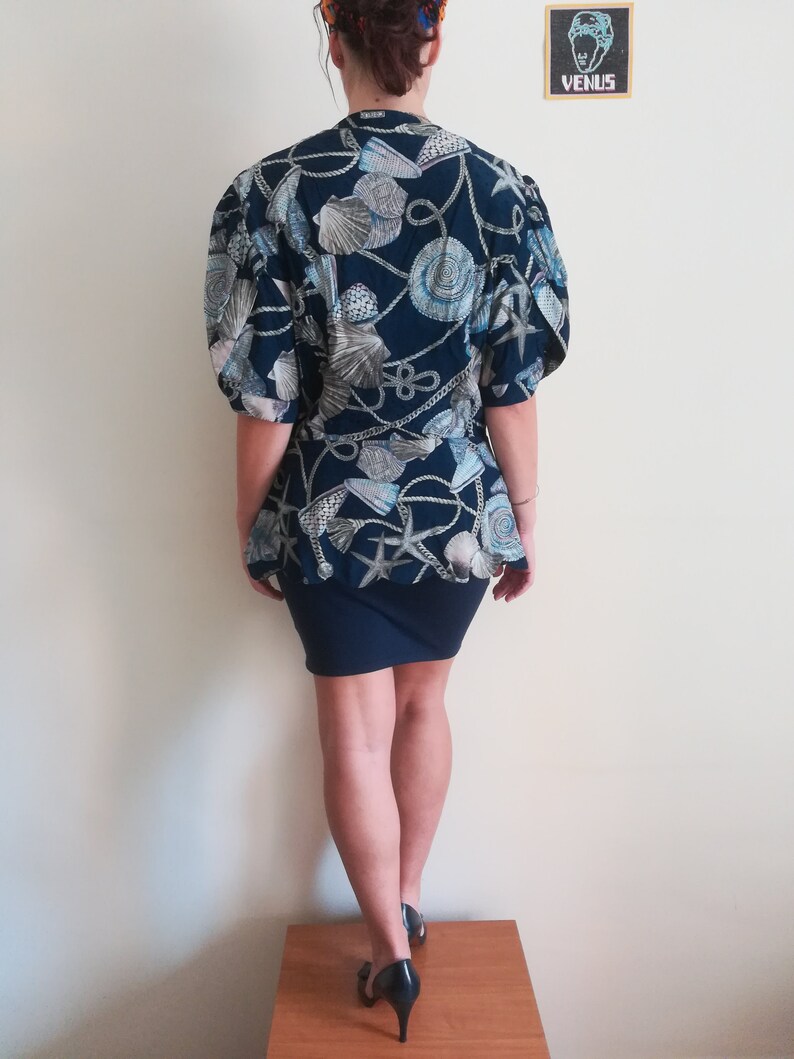 ICE BLUE Silk BLOUSE Vintage 80 Woman Button-Up Shirt Peplum Blouse Blue Silk Shirt Jewel Buttons sz 4244