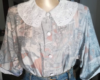 PETER PAN Collar BLOUSE Vintage 60 Woman Button-Up Shirt Powder Blue Pattern Lace Blouse Embroidered Collar sz. IT44