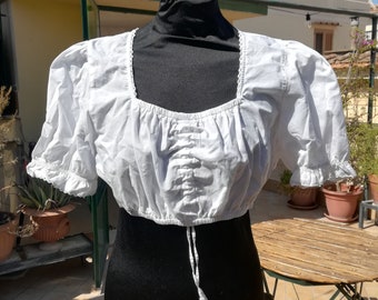 WALDSCHÜTZ DIRNDL BLOUSE Vintage 80 Woman Pirate Crop Top Bavarian White Cotton Elastic Blouse sz. 44