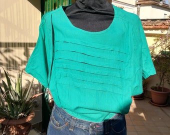 GROGGY BATWING Crop TOP Vintage 80 Green Top Cotton T-Shirt Short Sleeve Buttons T-Shirt Crop Top sz. M