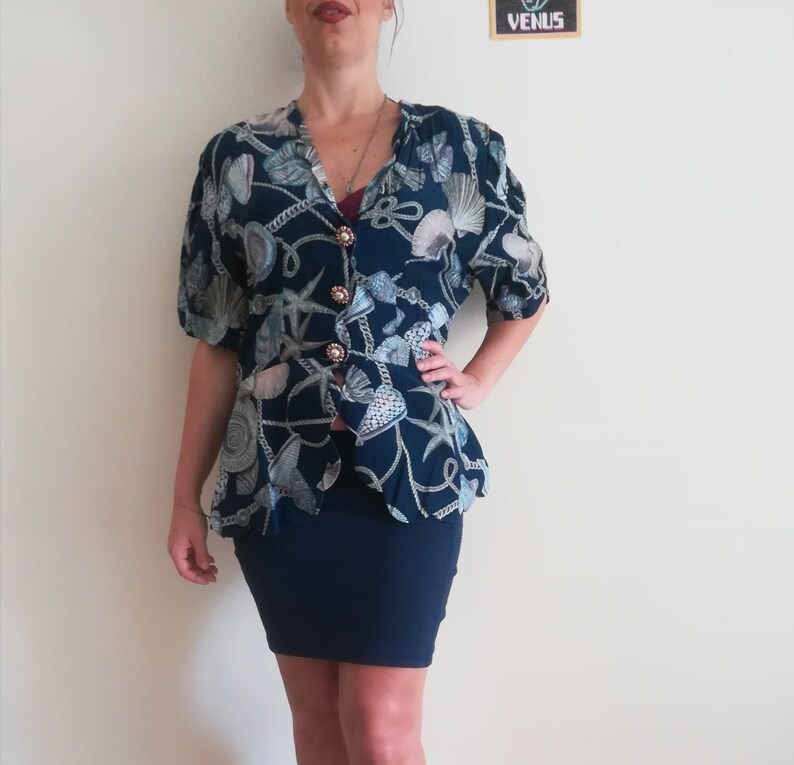 ICE BLUE Silk BLOUSE Vintage 80 Woman Button-Up Shirt Peplum Blouse Blue Silk Shirt Jewel Buttons sz 4244