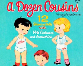 Muñeca de papel vintage imprimible en PDF • Muñeca de papel de doce primos • Muñeca de papel de los años 60 (niño, niña, morena, rubia) para descargar