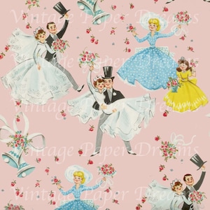 Vintage Hochzeits-Geschenkpapier Printable PDF Download • Rosa Junk Journal • 50er 1950er Jahre Brautparty • Braut Bräutigam JPEG Ephemera Bridal Girl