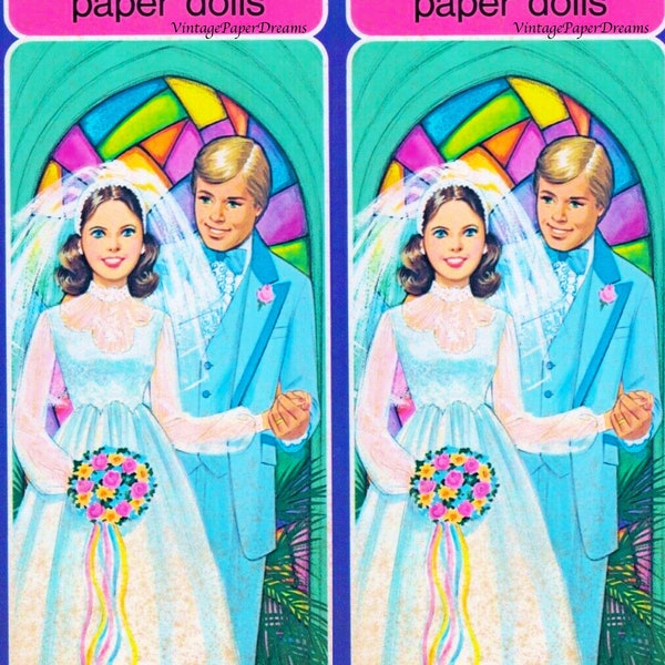 Vintage Paper Doll Printable PDF • Bride & Groom Paper Doll •  70s 1970s Wedding Woman Man Marriage Doll Digital Download Bridal Clip Art