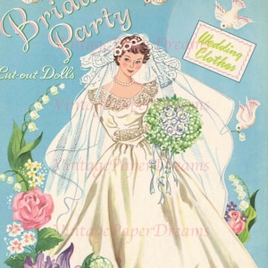 Boneca de papel vintage para impressão PDF JPEG • Casamento romântico • Padrão de boneca de papel dos anos 50, 1950 Download digital • Clip Art de boneca de noiva e noivo