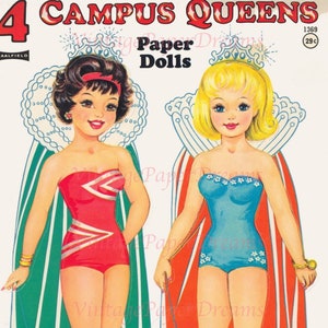 Vintage Paper Doll imprimible PDF JPEG • 4 Campus Queens • 60s 1960s Paper Doll Pattern Descarga digital • College Girl Teenager Clip Art A4