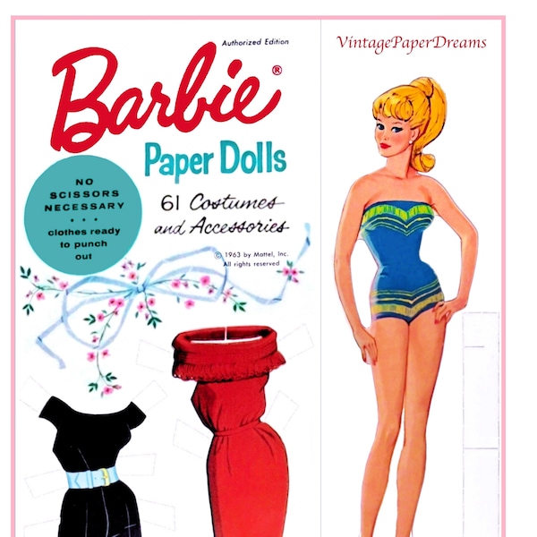 Barbie Paper Doll Printable PDF • Barbie Paper Doll • Vintage 60s 1960s Paper Doll Clothes Download 11.5" Inch Blonde Fashion Doll Clip Art