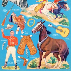 PDF stampabile bambola di carta vintage • Bambola di carta Gene Autry Ranch • Download PDF bambola di carta anni '40 e '40 • Filmato clip art cavallo cowboy occidentale