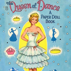 PDF stampabile di bambola di carta vintage • La regina della danza • Download digitale del modello di bambola di carta degli anni '50 e '50 del 1954 • Clip art per cappello da ballo da donna A4