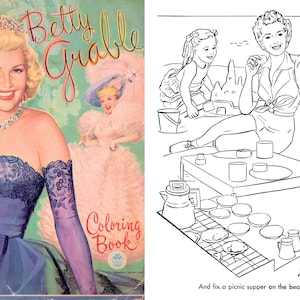 Vintage Malbuch Printable PDF • Betty Grable Malbuch • 50er 1950er Jahre Erwachsene Frau Aktivitätsbuch Download Film Star Dress Art JPG