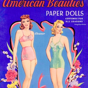 PDF stampabile bambola di carta vintage • Bambole di carta bellezze americane • Scarica modello di bambola di carta anni '40 e '40 • ClipArt moda abito da donna A4