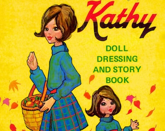 Muñeca de papel vintage imprimible en PDF • Muñeca de papel Kathy • Ropa para muñeca de papel de los años 60 (1960) Descarga digital Vestido de otoño Muñeca para niña Hermana Clip Art
