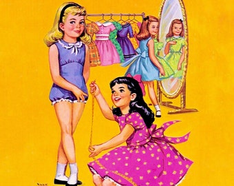 Muñeca de papel vintage imprimible en PDF • Muñecas de papel de niñas pequeñas • Muñeca de papel de los años 60 (morena, rubia, pelirroja) Descarga digital Imágenes prediseñadas de muñecas