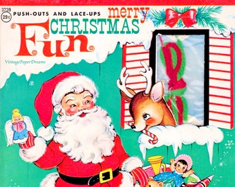 Livre d'activités de Noël vintage PDF imprimable • Atelier du Père Noël Livre d'artisanat en papier Livre de poupée en papier JPEG • Images d'arbre de Noël des années 60 des années 1960 Clip Art
