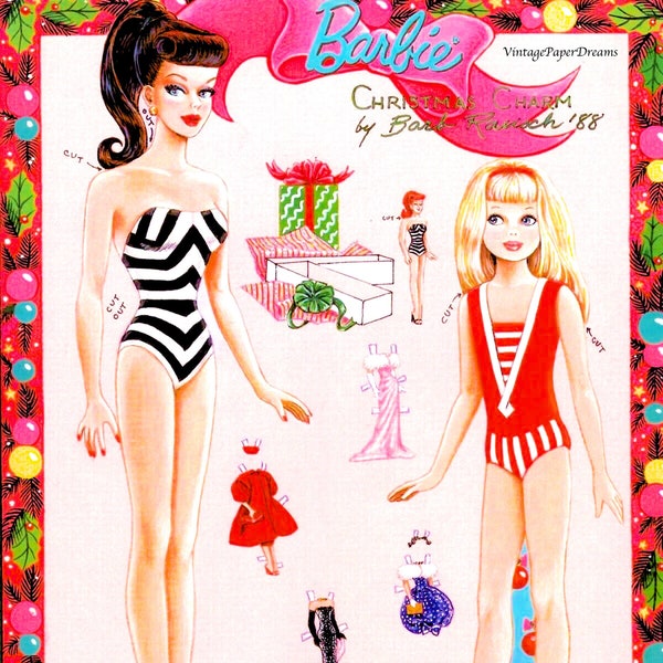 Vintage Paper Doll Printable PDF • Christmas Barbie Paper Doll • 80s 1980s Xmas Paper Doll Digital Download 11.5" Skipper Doll Clip Art A4