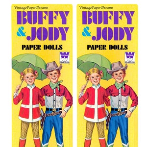 PDF stampabile bambola di carta vintage • bambola di carta Buffy e Jody • modello di bambola di carta anni '70 e '70 Scarica clipart per bambola da cowboy femmina maschio ragazzo ragazza