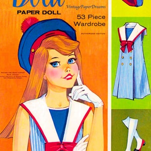 May include: Vintage "Dodi" paper doll cover art. The illustration features a girl with blonde hair wearing a blue hat with a red pom-pom and a sailor-style dress. The cover also shows a 53-piece wardrobe and the text "Pepper's Friend".