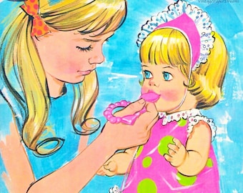 Vintage Paper Doll Printable PDF • Baby's Hungry Paper Doll • 60s 1960s Blonde Baby Girl Feeding Kid Paper Doll Download Baby Doll Clip Art